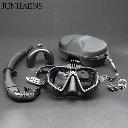 Professional Wet Low Volume Freediving Mask, Tempered Glass dive Mask, J-Type Diving Mask, Snorkel Set, With Go-Pro Camera Mount