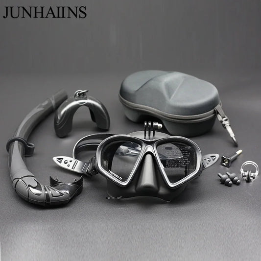 Professional Wet Low Volume Freediving Mask, Tempered Glass dive Mask, J-Type Diving Mask, Snorkel Set, With Go-Pro Camera Mount