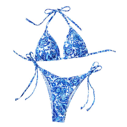 Blue White Porcelain Printing Halter String Triangle Two Piece Bikini Women Swimsuit Separate Beach Wear Adjust Lace-up Swimsuit