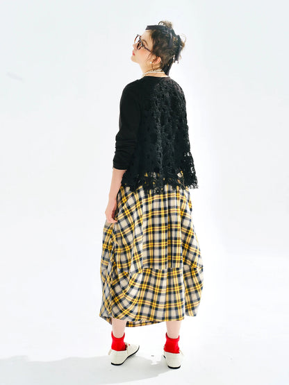 Yellow checkered skirt 2025 imakokoni original autumn Japanese color woven artistic pure cotton lantern skirt for women 255122