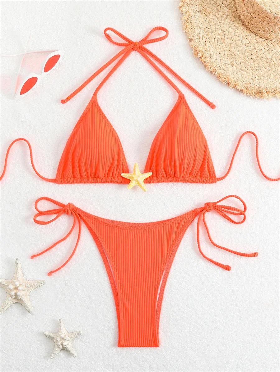 Women Swimsuits Separate Halter Bikinis Set With Chest Pad Solid Color With Starfish Beachwear Summer Vacation Two-Piece Sets