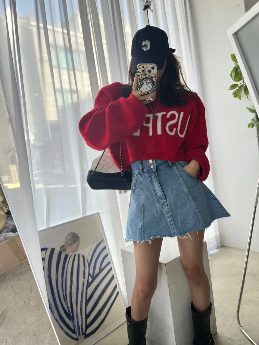 Chic High Waist A-Line  Skirt Women's Jeans ort Skirt Spring Vintage Slimming Splicing Hemming Girl's Faion Commute