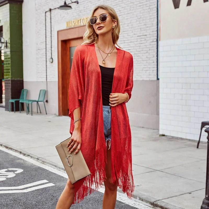Swimsuit Cover-ups  Fashion Tassel Gold Bikini Beach Cover Up Sexy Beach Dress Tunics for Women Summer Wear See Through