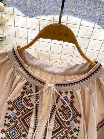 Women Autumn Blouse Loose Artistic Retro Heavy Industry Embroidery Bow O-Neck Lantern Sleeve Shirt Casual Versatile Top BL270