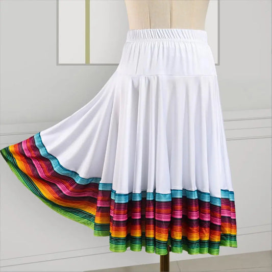 Midi Skirt Ladies Folk Dance Skirt Elastic High Waist Spanish Swing Skirt Rainbow Large Swing Hem Mexican Flamenco Dance Skirts