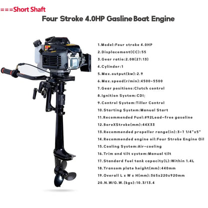 Four-stroke 4hp Marine Outboards Air-cooled Outboard Propeller Boat Engine Hookup Rubber Boat Inflatable Boat Outboard Motor