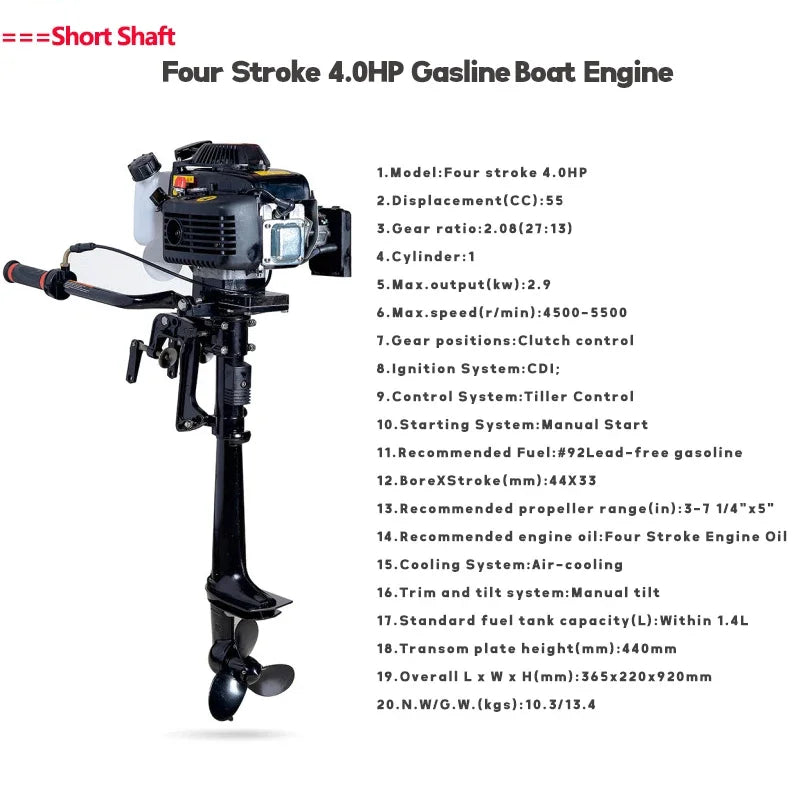 Four-stroke 4hp Marine Outboards Air-cooled Outboard Propeller Boat Engine Hookup Rubber Boat Inflatable Boat Outboard Motor