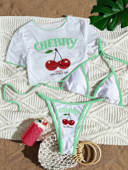 CHERRY Bikini 2026 New Sexy & Fresh Feeling Bathing Suit Three-Piece Swimsuit Print Beach Swimwear 7 Colors Size S-XL Available