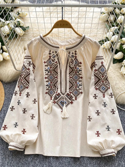 Women Autumn Blouse Loose Artistic Retro Heavy Industry Embroidery Bow O-Neck Lantern Sleeve Shirt Casual Versatile Top BL270