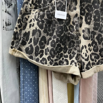 Vintage Broken Holes American-style Denim Shorts Women Casual High Waist Sexy leopard print Female Summer Baggy wide-legged hot