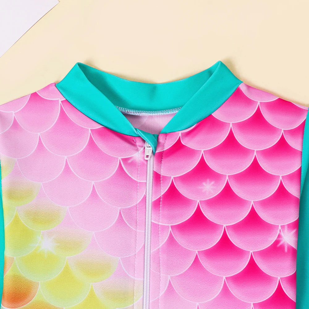 Girls Long Sleeve Swimwear One Piece Swimsuits Kids Striped Rainbow Bathing Suit Hawaiian Beach Swim Shirts for Surfing
