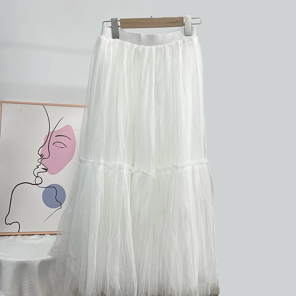 Hirsionsan Pleated Cake Skirts Women 2024 New Korean Harajuku Sweet Lace Skirt Ladies Elegant Party Ball Gown Female Mesh Skirt