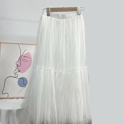 Hirsionsan Pleated Cake Skirts Women 2024 New Korean Harajuku Sweet Lace Skirt Ladies Elegant Party Ball Gown Female Mesh Skirt