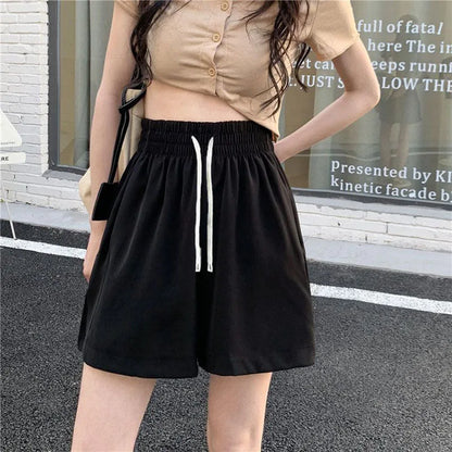 Xpqbb Summer Black Shorts for Women Casual Loose Elastic Waist Sports Shorts Woman Korean Street Drawstring Wide Leg Short Pants