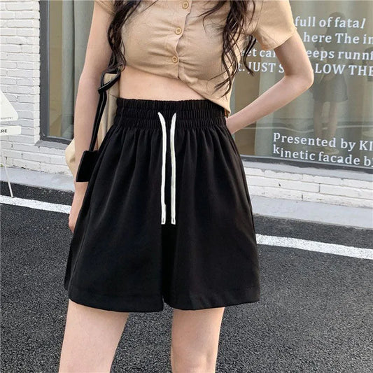 Xpqbb Summer Black Shorts for Women Casual Loose Elastic Waist Sports Shorts Woman Korean Street Drawstring Wide Leg Short Pants