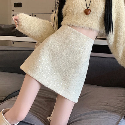 Fashion Y2K Streetwear Winter Mini Skirt Women Glitter Sequin Bodycon Tweed Skirts With Shorts A-Line Pink White Black Faldas