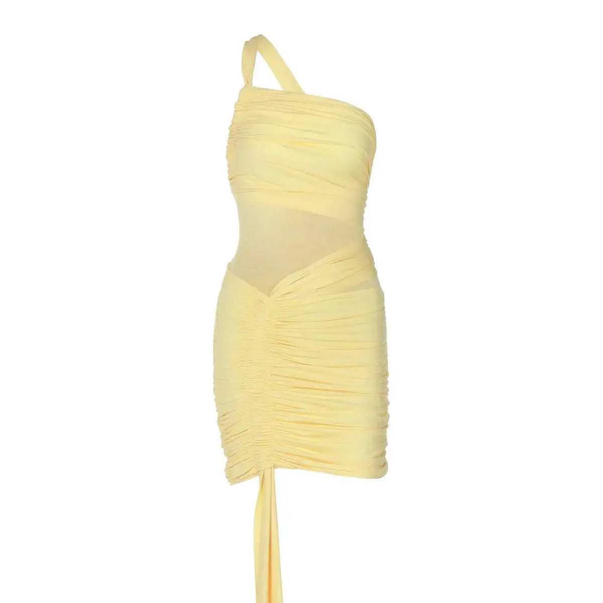 Avrilyaan Mesh Patchwork Backless Sexy Dress Women 2025 Nightclub Party Dress One-Shoulder Ruched Bodycon Mini Summer Dress