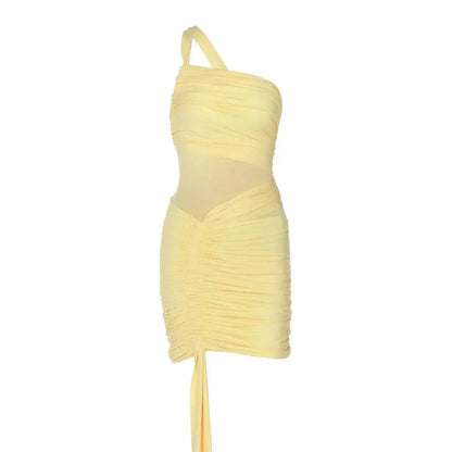 Avrilyaan Mesh Patchwork Backless Sexy Dress Women 2025 Nightclub Party Dress One-Shoulder Ruched Bodycon Mini Summer Dress