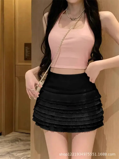 Sweet And Spicy Korean Style High Waist Pleated Mini Skirt Women's Summer New Fashion Lace Wrap around Short Skirt