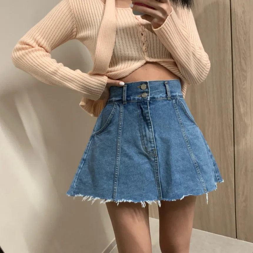 Chic High Waist A-Line  Skirt Women's Jeans ort Skirt Spring Vintage Slimming Splicing Hemming Girl's Faion Commute