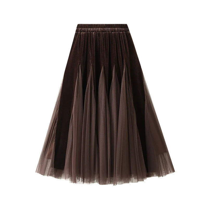 2025 Autumn Winter Velvet Mesh Patchwork Midi Skirts Women Korean Style Casual High Waist Elegant Long Skirts