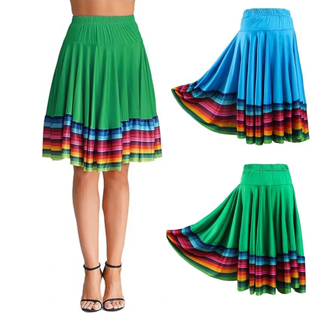 Midi Skirt Ladies Folk Dance Skirt Elastic High Waist Spanish Swing Skirt Rainbow Large Swing Hem Mexican Flamenco Dance Skirts