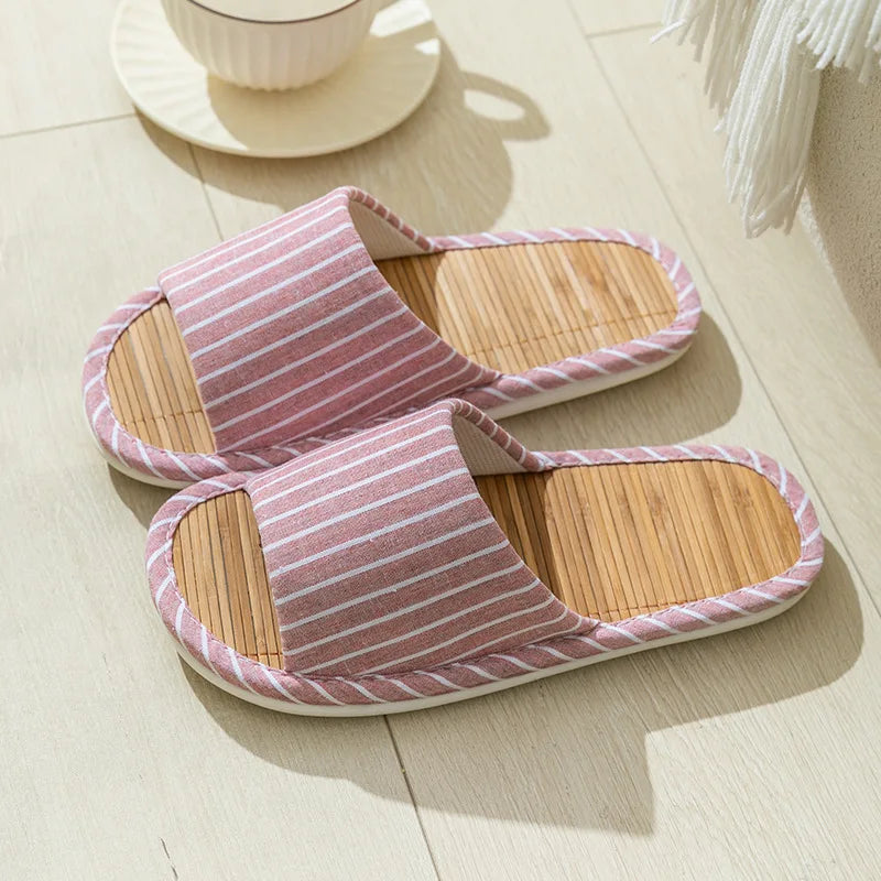 Striped Slippers Bamboo Women Autumn Home Couples Indoor House Non Slip Funny Sandals Shoes Male Soft Flat Summer For Tatami