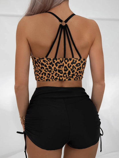 Vintage Leopard Print Bikini Women Metal Ring Hollow Backless Drawstring High Waist Swimsuit 2025 Beach Bathing Suit Swimwear
