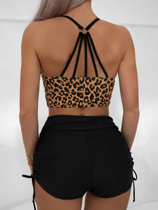 Vintage Leopard Print Bikini Women Metal Ring Hollow Backless Drawstring High Waist Swimsuit 2025 Beach Bathing Suit Swimwear