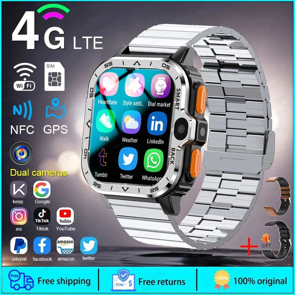 PGD SmartWatch 4G LTE GPS Wifi SIM Card NFC Dual Camera Rugged 64G ROM Storage Heart Rate Sports Smart Watch Men