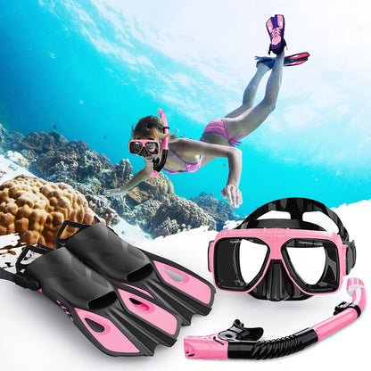 Diving Mask Fin Snorkel Set for Adult Panoramic View Snorkel Mask Adjustable Dive Flipper Dry Top Snorkel and Travel Bag