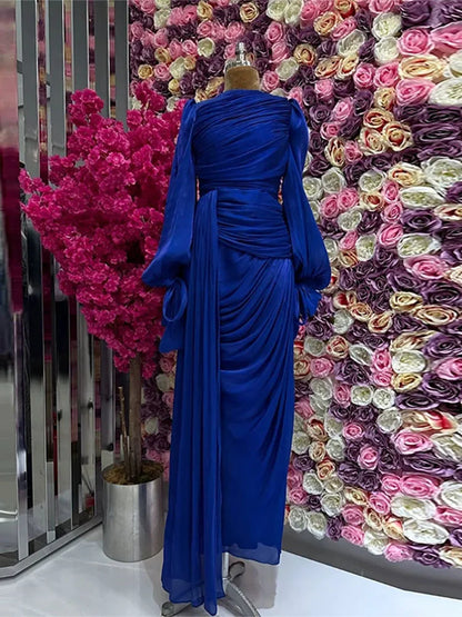 Fashion Lantern Sleeves Autumn Party Dress 2025 Elegant Solid Color Lace Up Dress Ladies O-neck High Waisted Pleated Long Dress