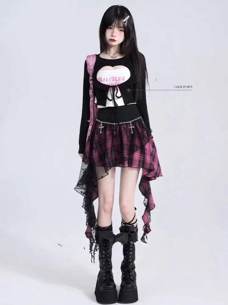 Y2K Skirts for Women Japanese Sweet Harajuku Mujer Faldas Punk Irregular Aesthetic Skirt Gauze Patch Plaid Vintage Faldas