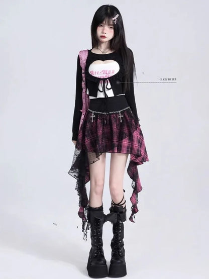 Y2K Skirts for Women Japanese Sweet Harajuku Mujer Faldas Punk Irregular Aesthetic Skirt Gauze Patch Plaid Vintage Faldas