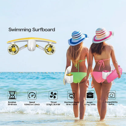 50m Depth Underwater Thruster 1.8m/s, 480W Brushless Diving Propeller with LED Display, 60min Silent eSurfboard for Adults