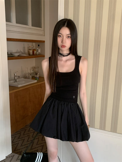 CHEERART Y2k Knitted Little Black Short Dresses For Women Summer Patchwork Bodycon Ball Gown Ribbed Mini Dress