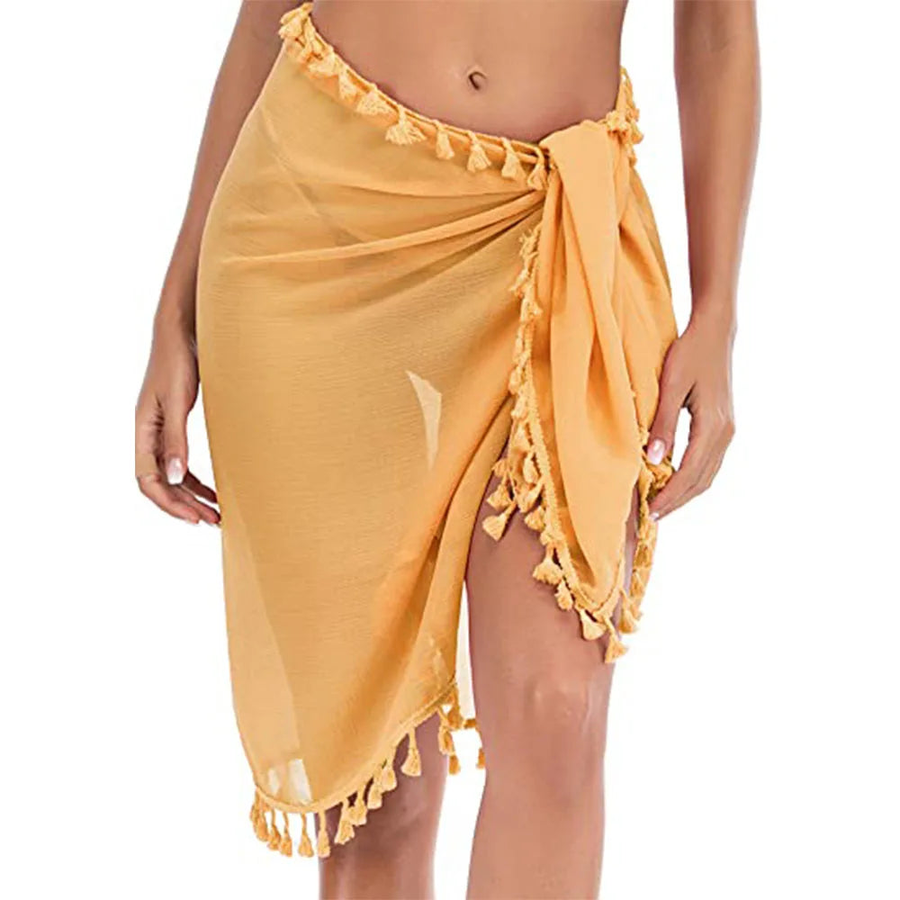 Swimsuit Coverups for Women Sarong Beach Bikini Wrap Sheer Short Skirt Scarf for Swimwear with Tassel