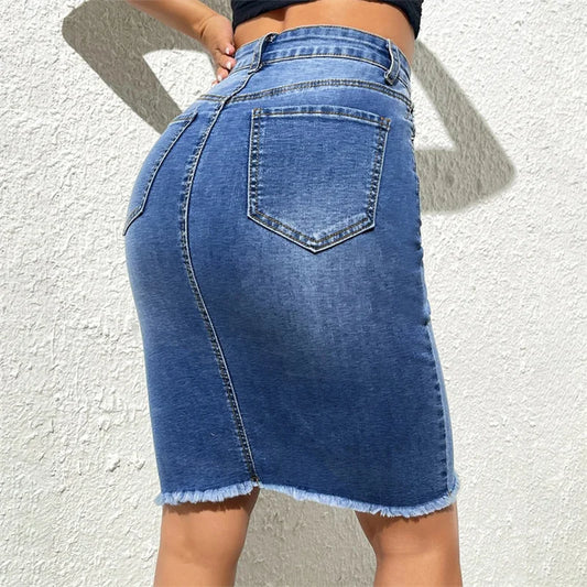 Fashion High Waist Denim Skirt Women Tassel Decoration Hem Wrap Hip Half-body Dress Female Summer Daily Casual Trend Streetwear