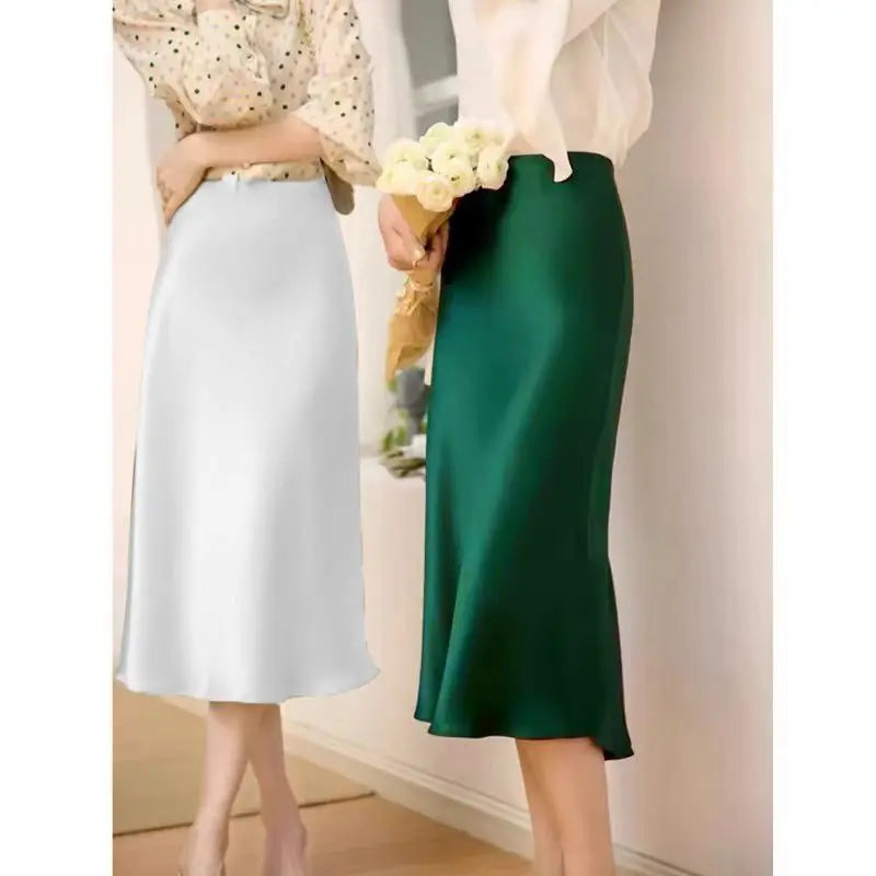 Fashion Oversized Women Clothing Satin Skirts Summer Temperament Solid Color High Waist A-line Skirt Female Simplicity Skirt