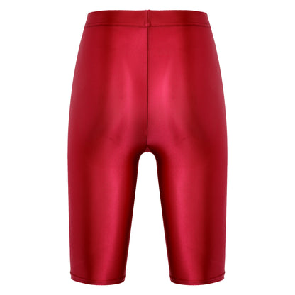 Women Glossy Shorts High Waist Fitness Short Leggings Oil Shiny Knee-Length Tights Swimming Trunks Female Workout Sports Bottoms