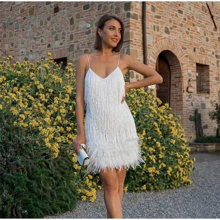 Summer Fashion Elegant Tassel Sequin Dress Women's Sexy Slim Sleeveless V-neck High Waist Suspender Feather Stitching Dresses