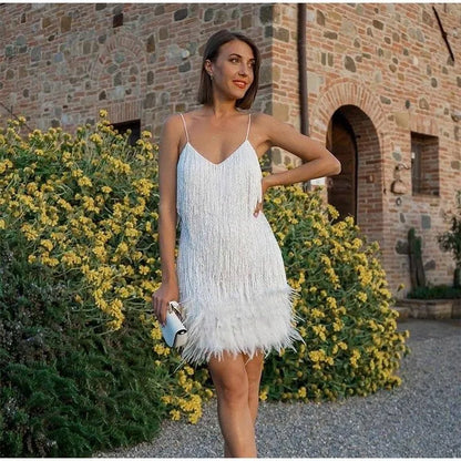 Summer Fashion Elegant Tassel Sequin Dress Women's Sexy Slim Sleeveless V-neck High Waist Suspender Feather Stitching Dresses