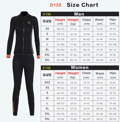 Wetsuit 3MM Neoprene Men Long Sleeve Split Wetsuit Warm Jacket Pants Plus Size Women Swimsuit Scuba Diving Snorkeling Surf Suit