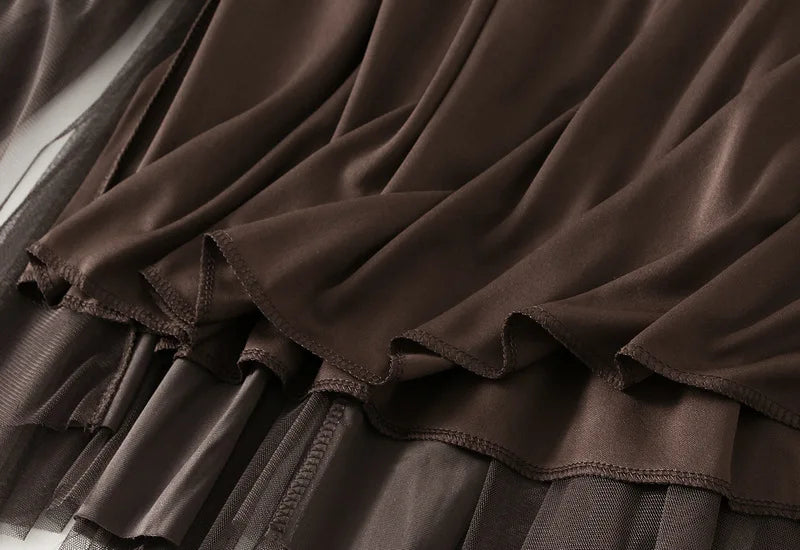 2025 Autumn Winter Velvet Mesh Patchwork Midi Skirts Women Korean Style Casual High Waist Elegant Long Skirts