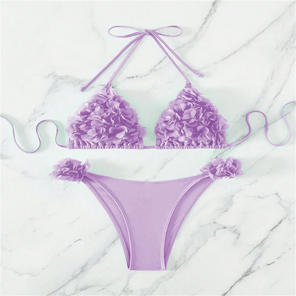 3D Flowers Bikini Top Set Halter String Extreme Backless Y2K Swimsuit Push Up Vacation Outfits Women Swimwear Beach Bathing Suit