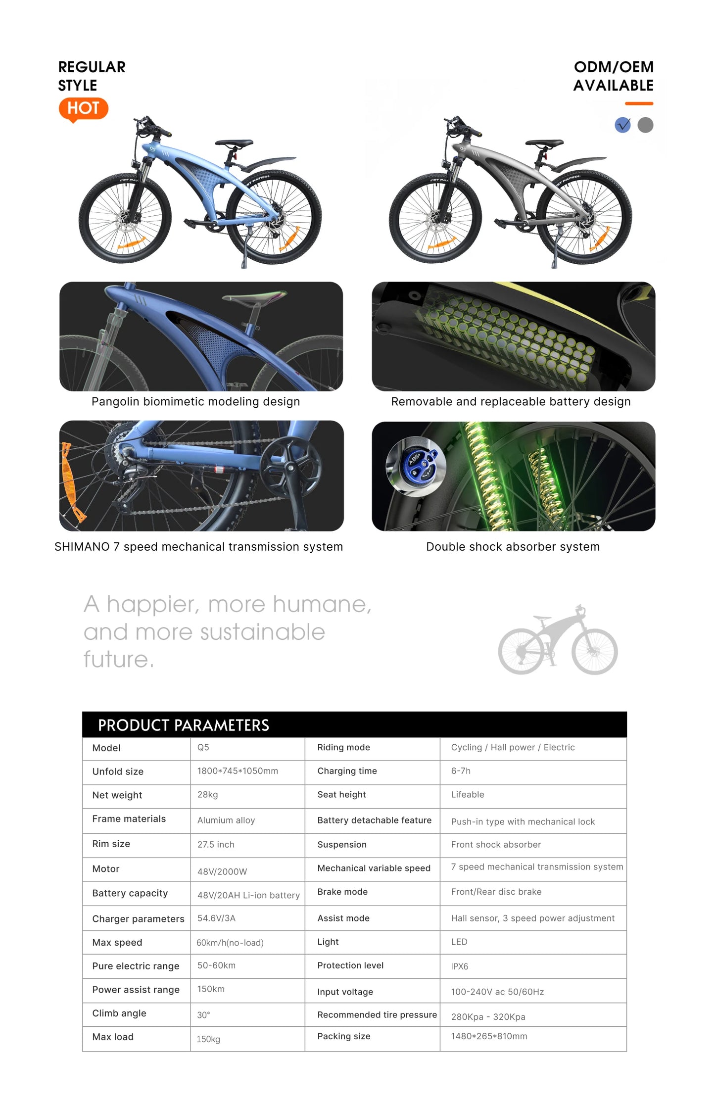 HX Q5 Ebike 2000W Adults Electric Bike 85Nm 57KM/H Electric Bicycle 27.5*2.25 Inch Removable battery Electric Mountain Bike