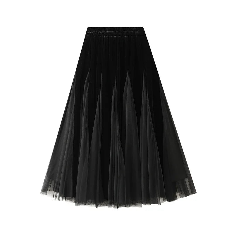 2025 Autumn Winter Velvet Mesh Patchwork Midi Skirts Women Korean Style Casual High Waist Elegant Long Skirts