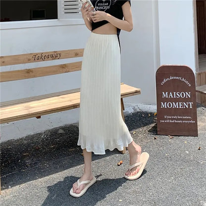 Summer New Fashion Solid Spring Wrapped Hip Fishtail Skirt Women Patchwork Elastic Waist Elegant Gentle Mid Length A-line Skirts