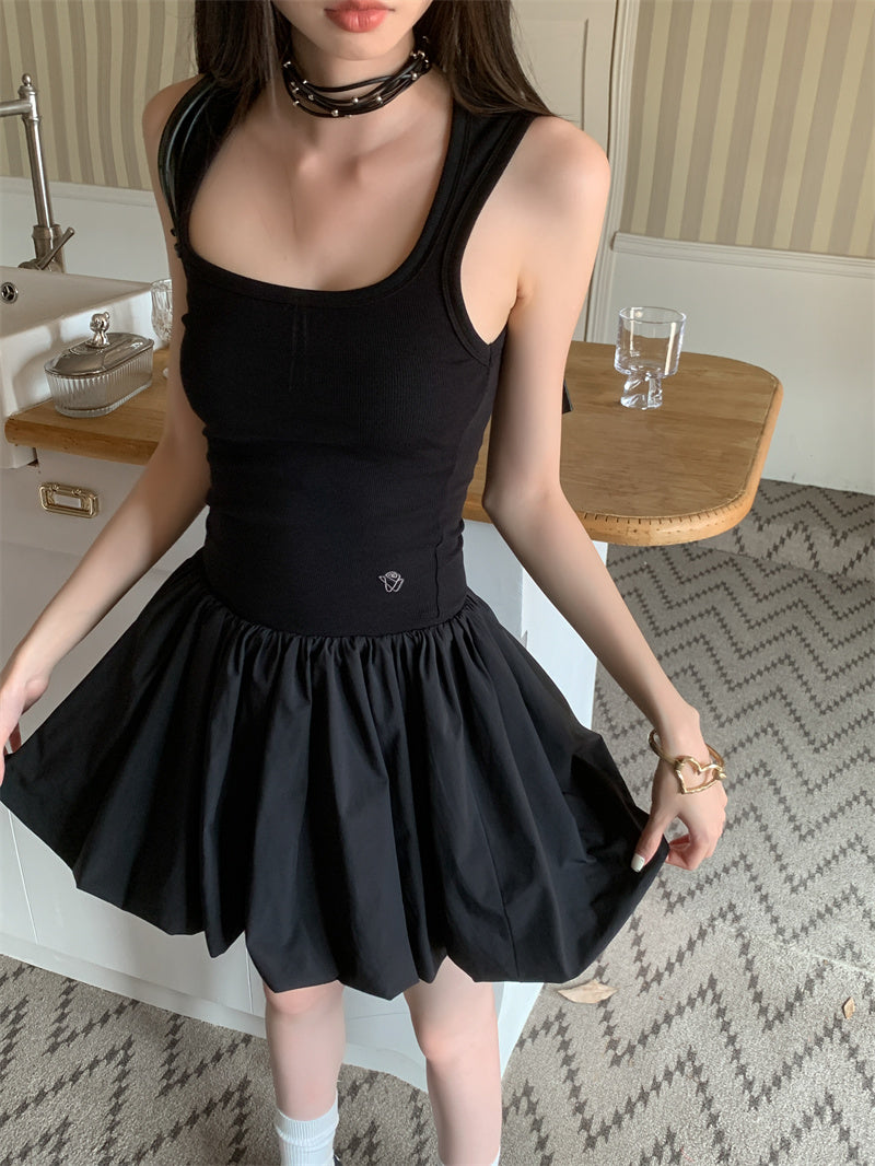CHEERART Y2k Knitted Little Black Short Dresses For Women Summer Patchwork Bodycon Ball Gown Ribbed Mini Dress