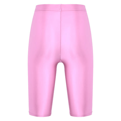 Women Glossy Shorts High Waist Fitness Short Leggings Oil Shiny Knee-Length Tights Swimming Trunks Female Workout Sports Bottoms